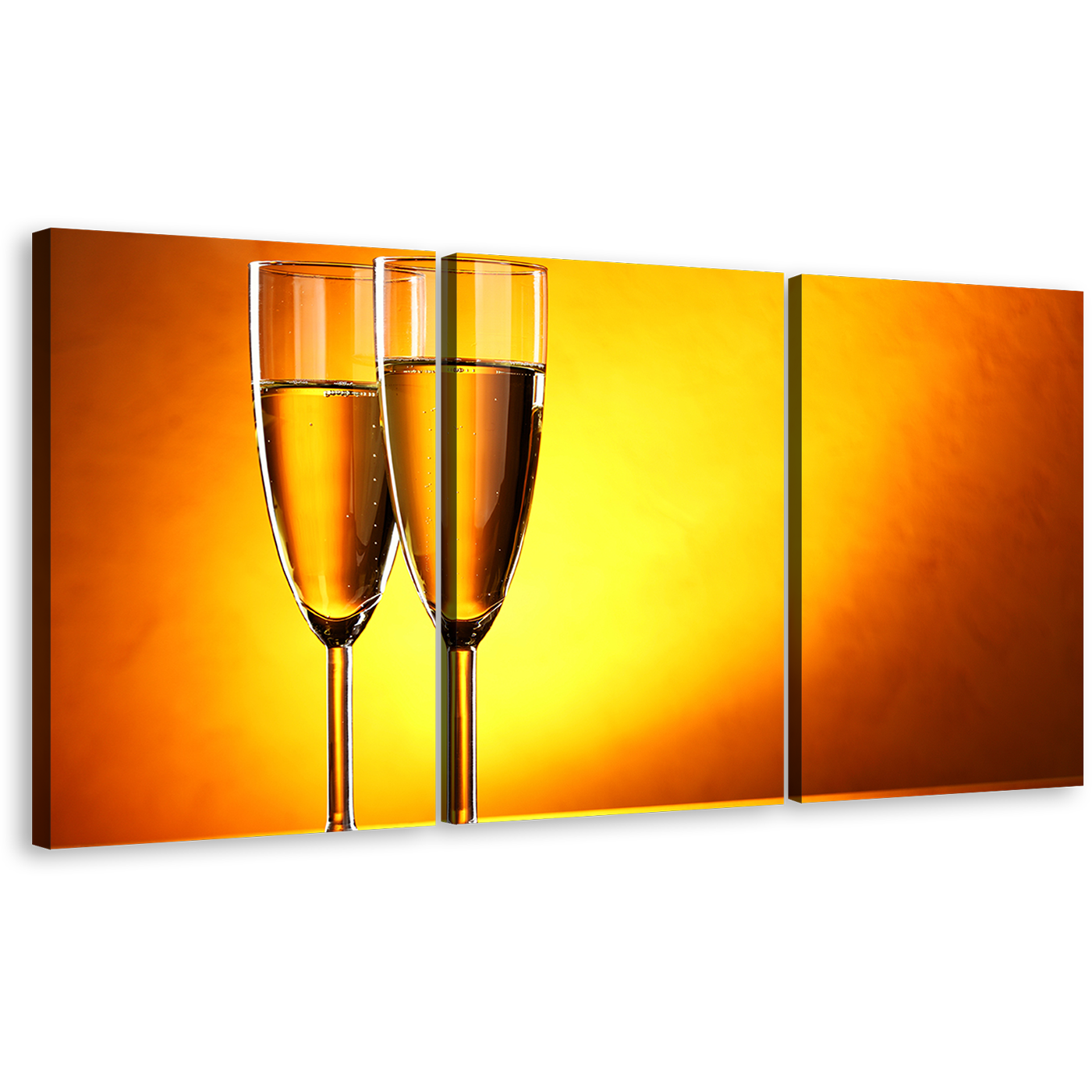 Alcohol Glasses Canvas Wall Art, Yellow Orange Champagne Glasses 3 Piece Multi Canvas, Romantic Champagne Glasses Triptych Canvas Print