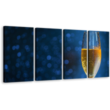 Load image into Gallery viewer, Alcoholic Drink Canvas Wall Art, Yellow Glass of Champagne 4 Piece Multi Canvas, Blue Background Elegant Champagne Glass Canvas Print
