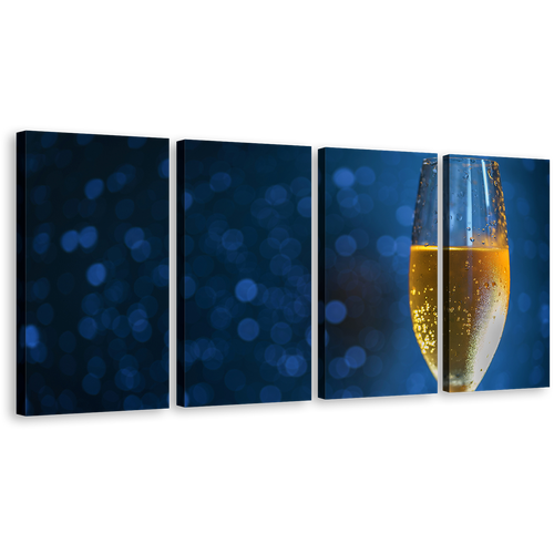 Alcoholic Drink Canvas Wall Art, Yellow Glass of Champagne 4 Piece Multi Canvas, Blue Background Elegant Champagne Glass Canvas Print