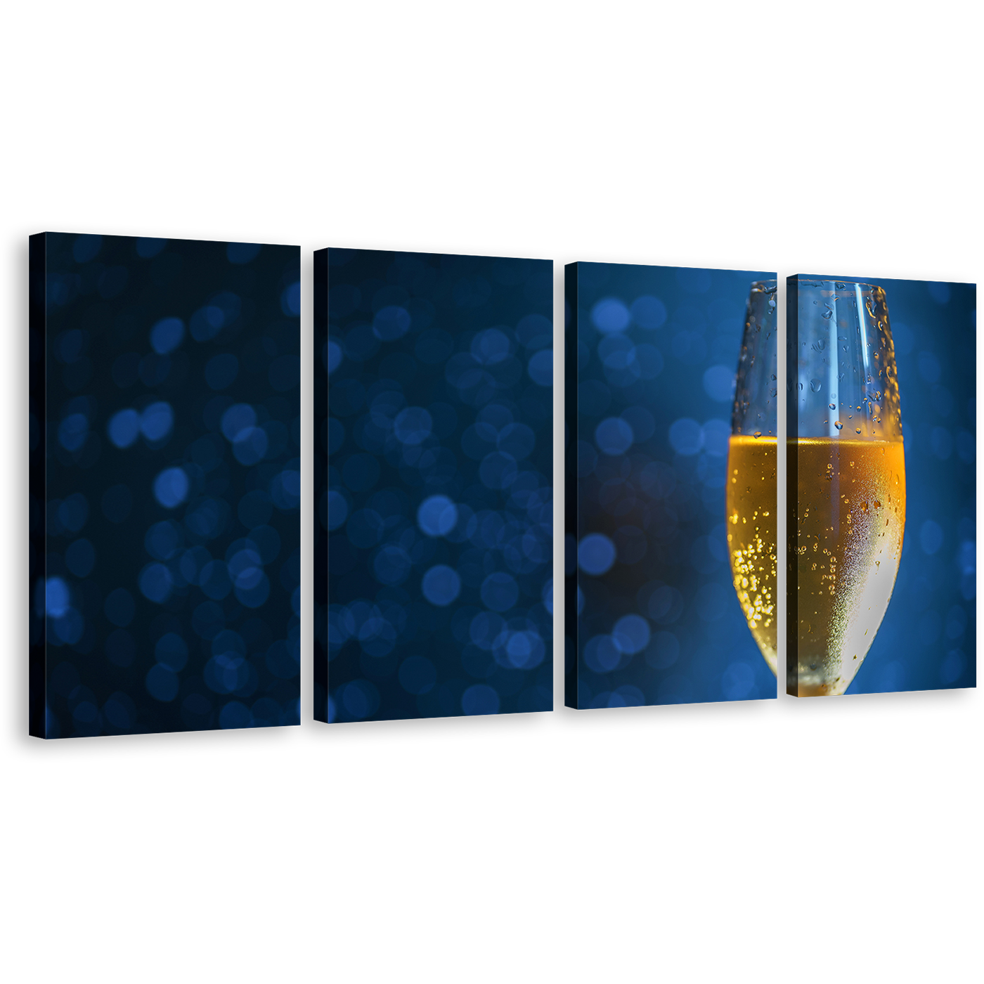 Alcoholic Drink Canvas Wall Art, Yellow Glass of Champagne 4 Piece Multi Canvas, Blue Background Elegant Champagne Glass Canvas Print