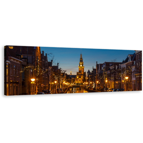 Alkmaar City Canvas Print, Alkmaar Harbor Canals Yellow City Wall Art, Netherlands Blue Sky Cityscape Panoramic Canvas