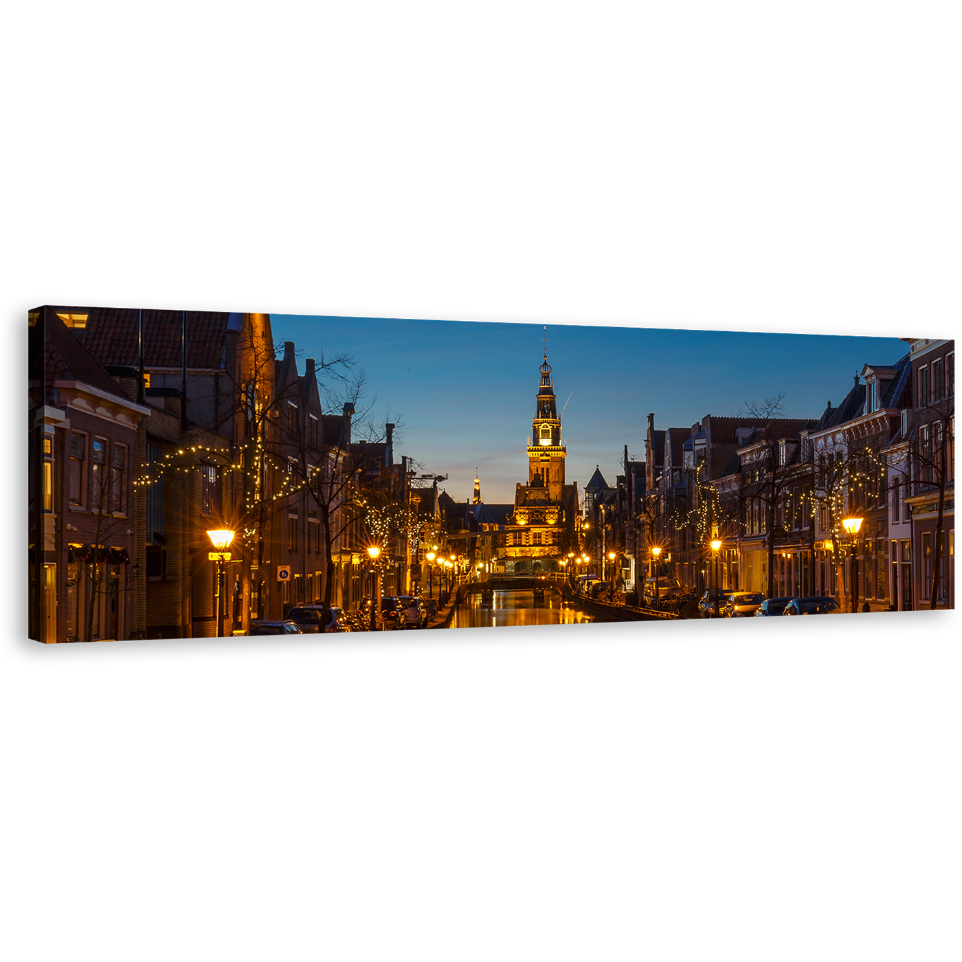 Alkmaar City Canvas Print, Alkmaar Harbor Canals Yellow City Wall Art, Netherlands Blue Sky Cityscape Panoramic Canvas