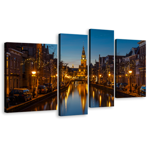 Alkmaar River Wall Art, Blue Sky Netherlands Harbor Canals Cityscape Canvas Print, Yellow Alkmaar City Lights 4 Piece Multi Canvas