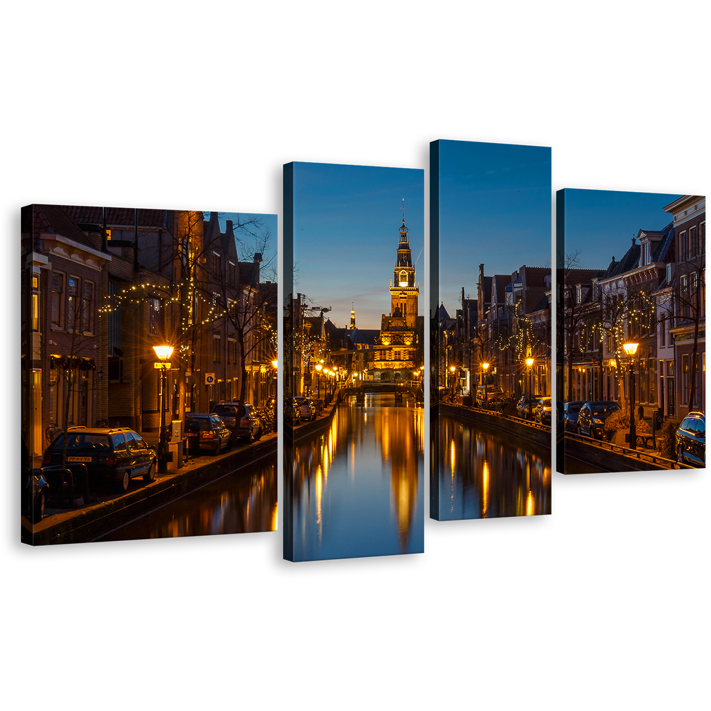 Alkmaar River Wall Art, Blue Sky Netherlands Harbor Canals Cityscape Canvas Print, Yellow Alkmaar City Lights 4 Piece Multi Canvas