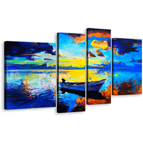 Alone Boat Canvas Wall Art, Blue Ocean Orange Sky Canvas Print, Contemporary Ocean Seascape 4 Piece Canvas