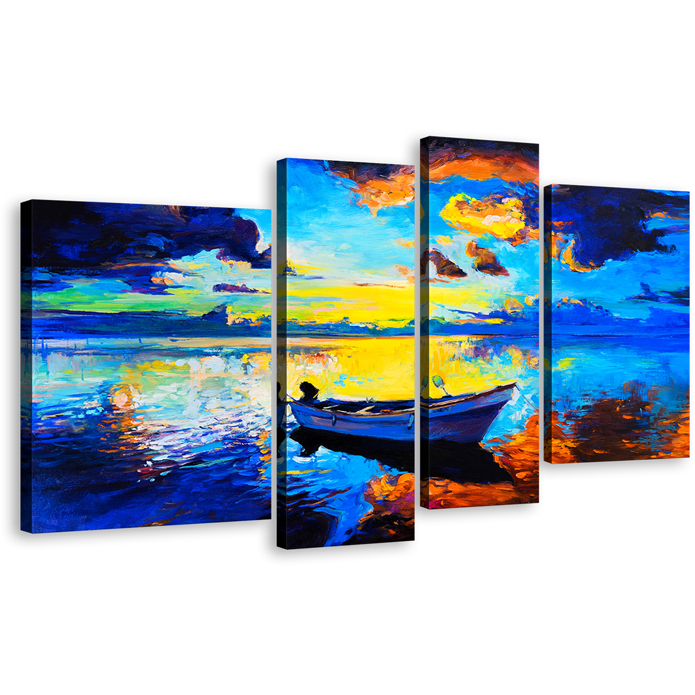 Alone Boat Canvas Wall Art, Blue Ocean Orange Sky Canvas Print, Contemporary Ocean Seascape 4 Piece Canvas