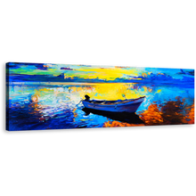 Load image into Gallery viewer, Alone Boat Canvas Wall Art, Blue Ocean Orange Sky Panoramic Canvas, Contemporary Ocean Seascape 1 Piece Canvas Print
