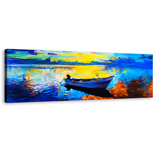 Alone Boat Canvas Wall Art, Blue Ocean Orange Sky Panoramic Canvas, Contemporary Ocean Seascape 1 Piece Canvas Print