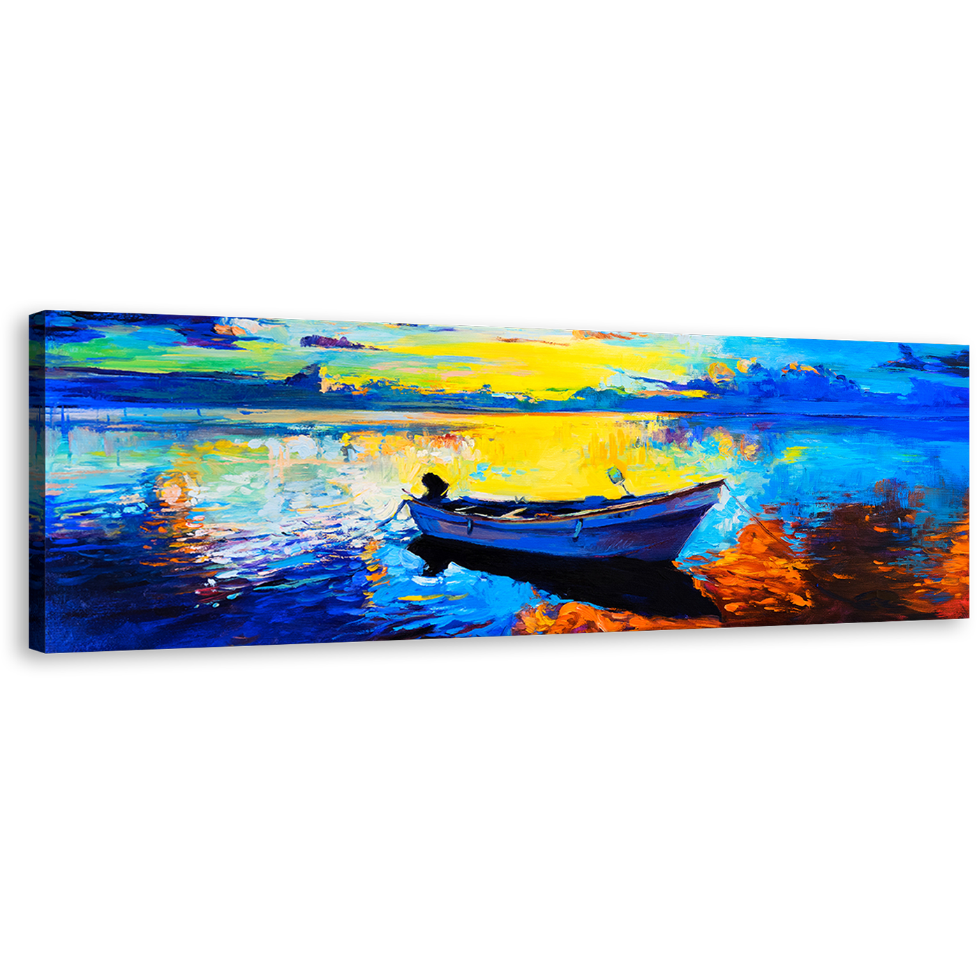 Alone Boat Canvas Wall Art, Blue Ocean Orange Sky Panoramic Canvas, Contemporary Ocean Seascape 1 Piece Canvas Print