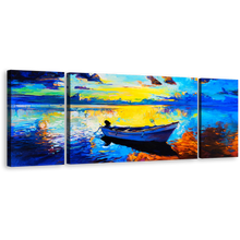 Load image into Gallery viewer, Alone Boat Canvas Wall Art, Contemporary Ocean Seascape 3 Piece Canvas, Blue Ocean Orange Sky Triptych Canvas Print
