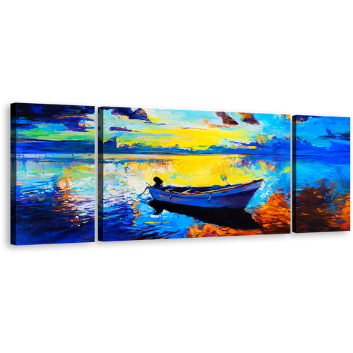 Alone Boat Canvas Wall Art, Contemporary Ocean Seascape 3 Piece Canvas, Blue Ocean Orange Sky Triptych Canvas Print