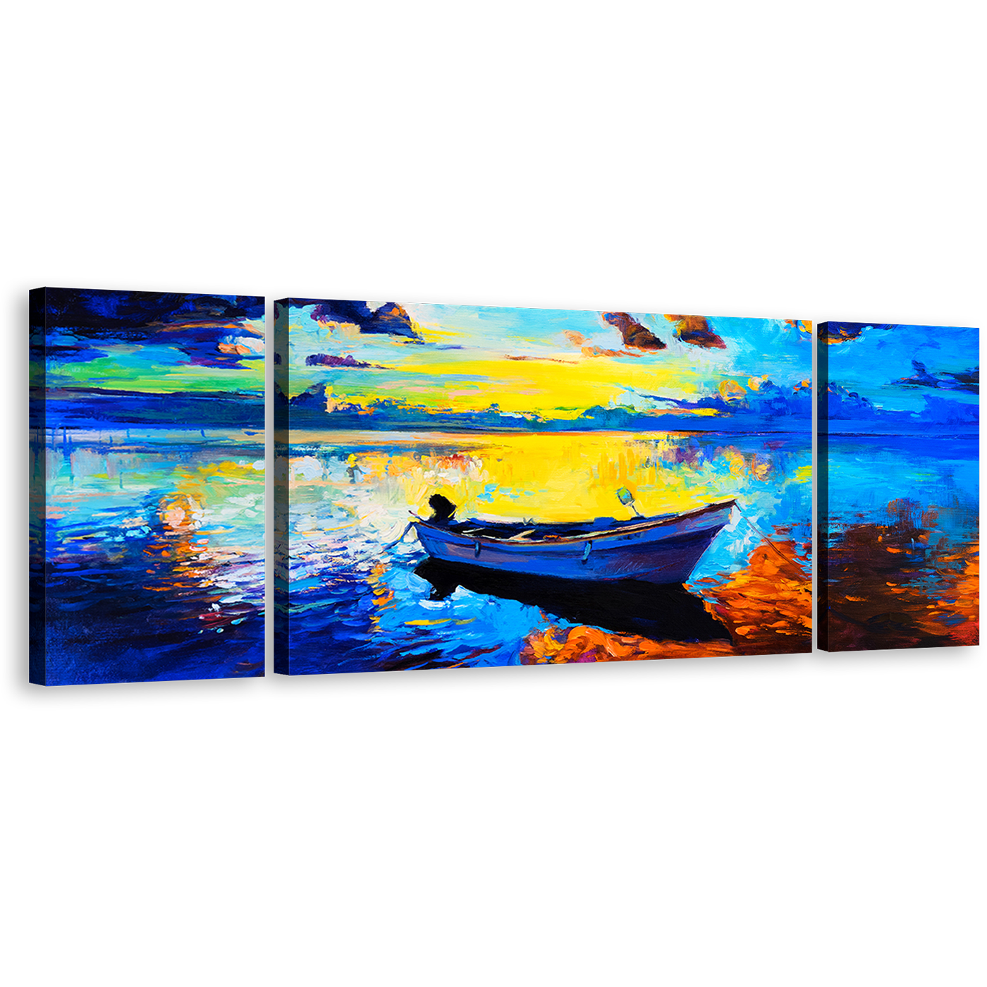 Alone Boat Canvas Wall Art, Contemporary Ocean Seascape 3 Piece Canvas, Blue Ocean Orange Sky Triptych Canvas Print