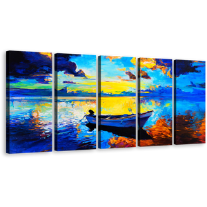 Alone Boat Canvas Wall Art, Contemporary Ocean Seascape 5 Piece Canvas Print, Blue Ocean Orange Sky Canvas Set