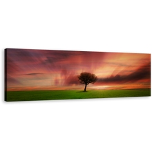 Load image into Gallery viewer, Alone Tree Canvas Print, Beautiful Orange Sky Green Fields Panoramic Canvas, Red Dramatic Dawn Canvas Wall Art
