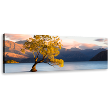 Load image into Gallery viewer, Alone Tree Canvas Print, Beautiful Wanaka Blue Mountains Lake Panoramic Canvas Art, New Zealand  Yellow Tree at Dawn Wall Art
