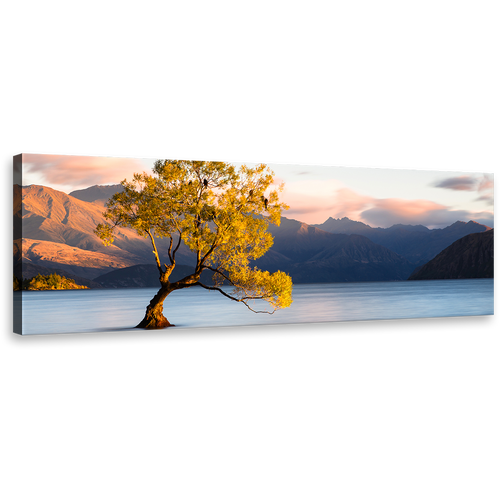 Alone Tree Canvas Print, Beautiful Wanaka Blue Mountains Lake Panoramic Canvas Art, New Zealand  Yellow Tree at Dawn Wall Art