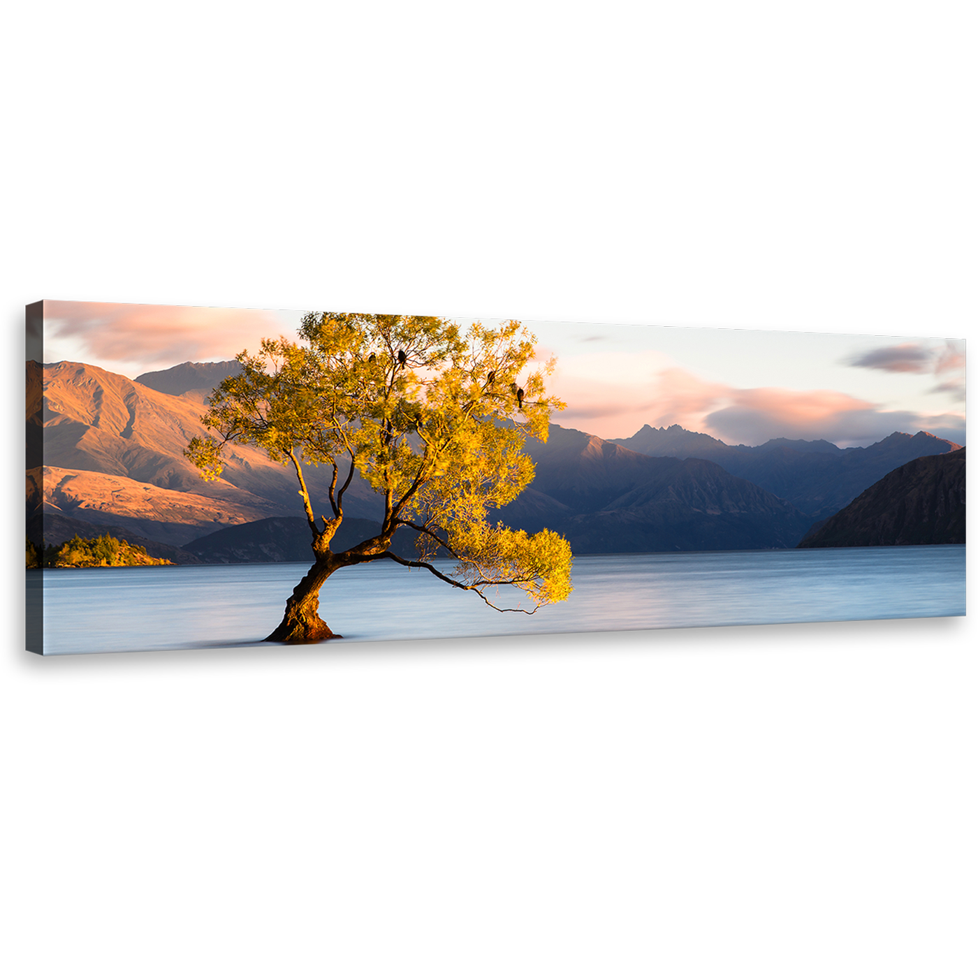 Alone Tree Canvas Print, Beautiful Wanaka Blue Mountains Lake Panoramic Canvas Art, New Zealand  Yellow Tree at Dawn Wall Art