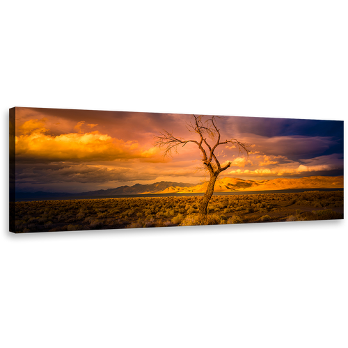 Alone Tree Canvas Print, Orange Yellow Desert Sky Canvas Art, Beautiful Pyramid Nevada at Yellow Sunset Panoramic Wall Art