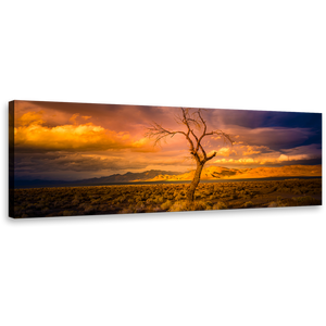Alone Tree Canvas Print, Orange Yellow Desert Sky Canvas Art, Beautiful Pyramid Nevada at Yellow Sunset Panoramic Wall Art