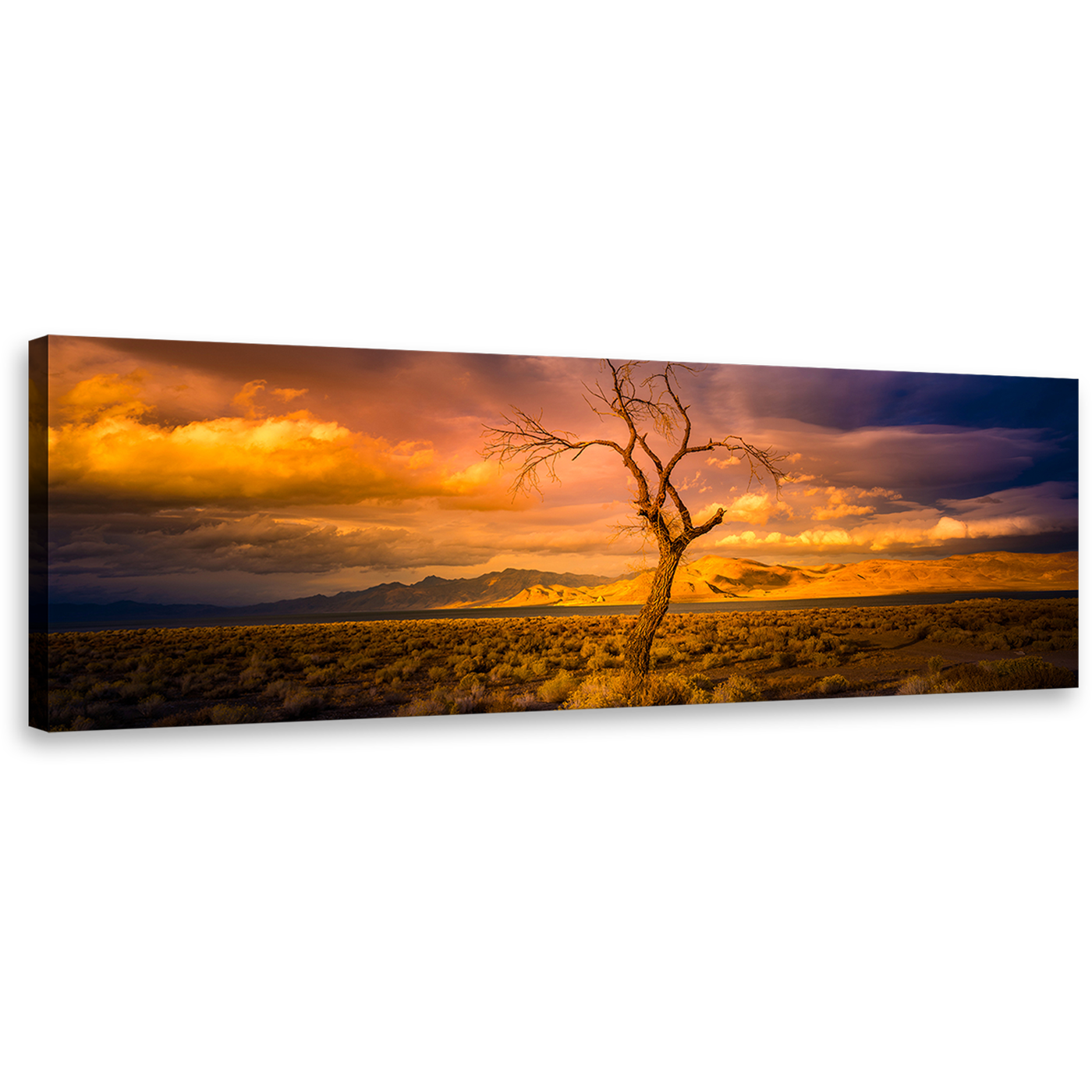 Alone Tree Canvas Print, Orange Yellow Desert Sky Canvas Art, Beautiful Pyramid Nevada at Yellow Sunset Panoramic Wall Art