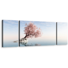 Load image into Gallery viewer, Alone Tree Canvas Wall Art, Pink Tree Reflection in Lake 3 Piece Multi Canvas, White Ocean Blue Sky Triptych Canvas Print
