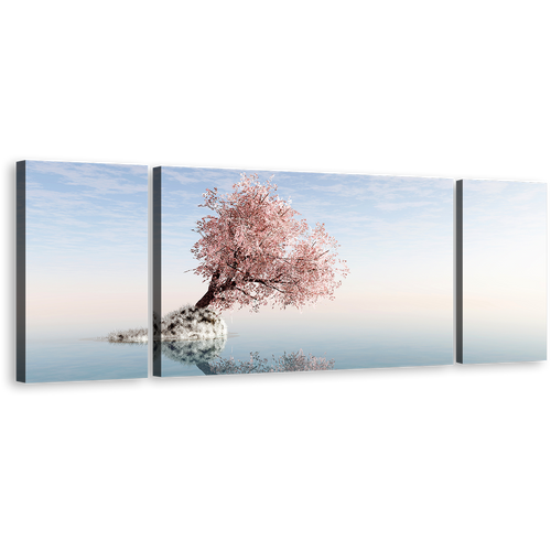 Alone Tree Canvas Wall Art, Pink Tree Reflection in Lake 3 Piece Multi Canvas, White Ocean Blue Sky Triptych Canvas Print