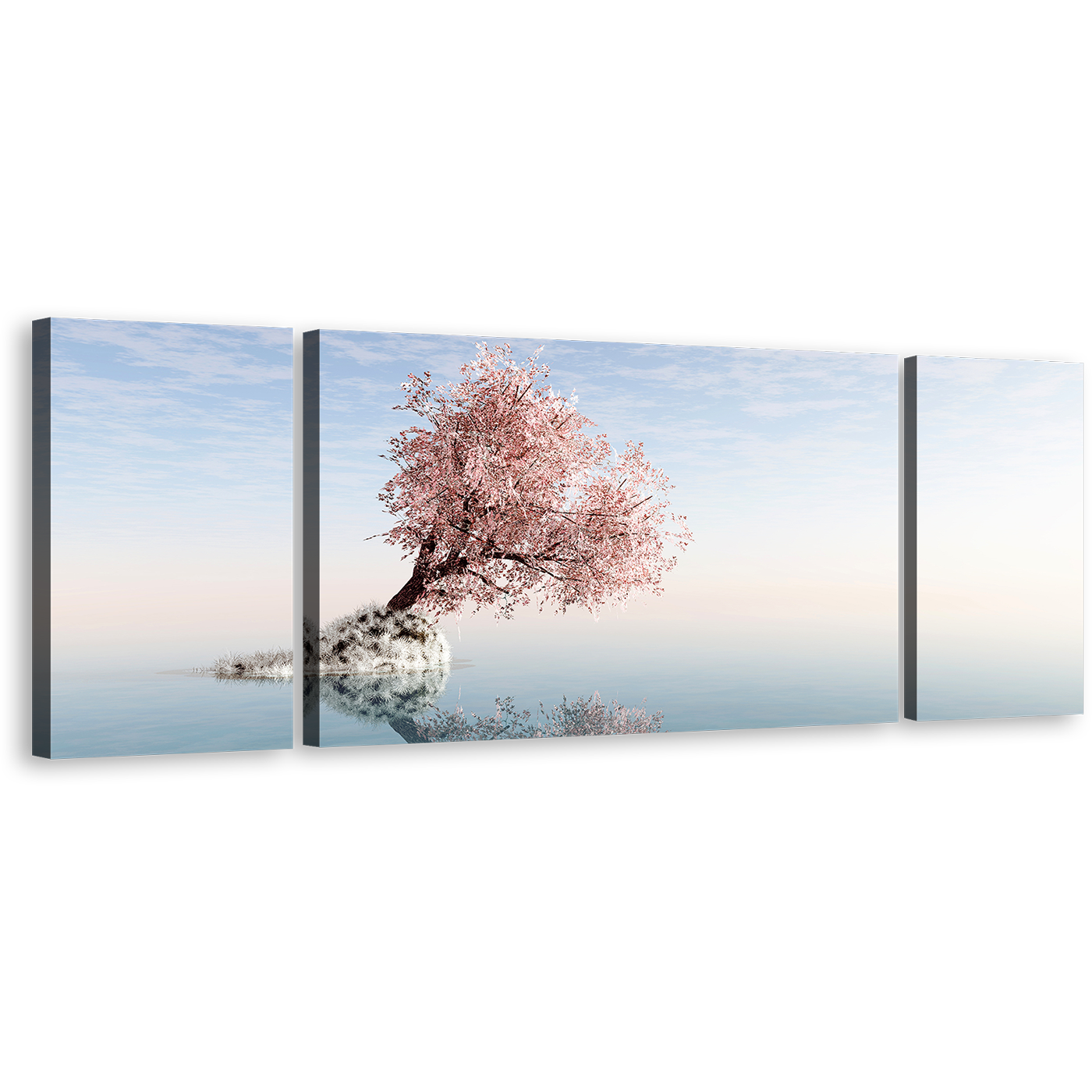 Alone Tree Canvas Wall Art, Pink Tree Reflection in Lake 3 Piece Multi Canvas, White Ocean Blue Sky Triptych Canvas Print