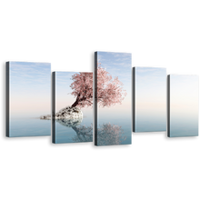 Load image into Gallery viewer, Alone Tree Canvas Wall Art, Pink Tree Reflection in Lake 5 Piece Canvas Set, White Ocean Blue Sky Canvas Print
