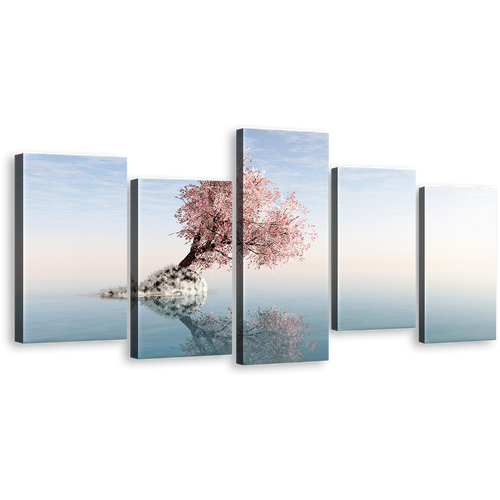 Alone Tree Canvas Wall Art, Pink Tree Reflection in Lake 5 Piece Canvas Set, White Ocean Blue Sky Canvas Print