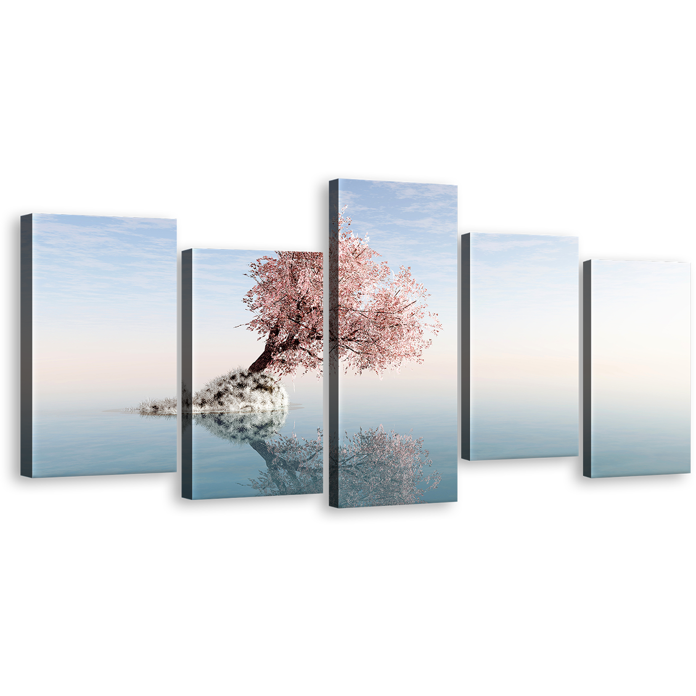 Alone Tree Canvas Wall Art, Pink Tree Reflection in Lake 5 Piece Canvas Set, White Ocean Blue Sky Canvas Print