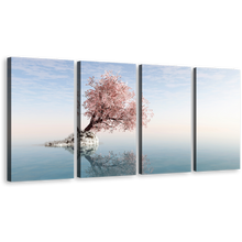 Load image into Gallery viewer, Alone Tree Canvas Wall Art, White Ocean Blue Sky Multi Canvas, Pink Tree Reflection in Lake 4 Piece Canvas Print
