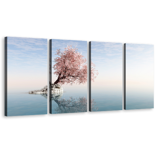 Alone Tree Canvas Wall Art, White Ocean Blue Sky Multi Canvas, Pink Tree Reflection in Lake 4 Piece Canvas Print