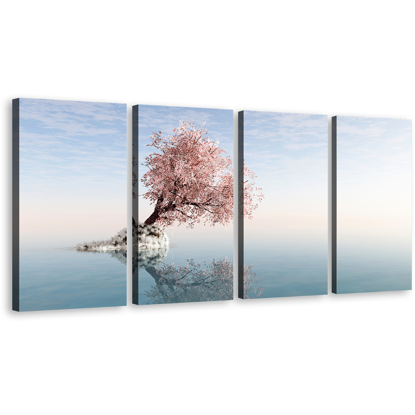 Alone Tree Canvas Wall Art, White Ocean Blue Sky Multi Canvas, Pink Tree Reflection in Lake 4 Piece Canvas Print