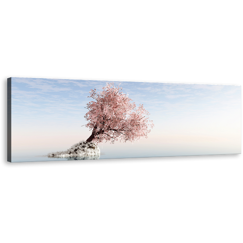 Alone Tree Canvas Wall Art, White Ocean Blue Sky Panoramic Canvas Print, Pink Tree Reflection in Lake 1 Piece Canvas