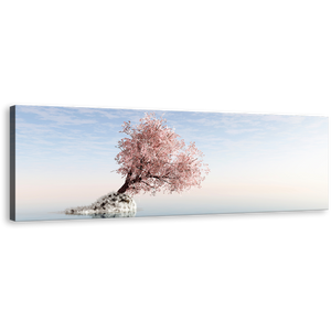 Alone Tree Canvas Wall Art, White Ocean Blue Sky Panoramic Canvas Print, Pink Tree Reflection in Lake 1 Piece Canvas