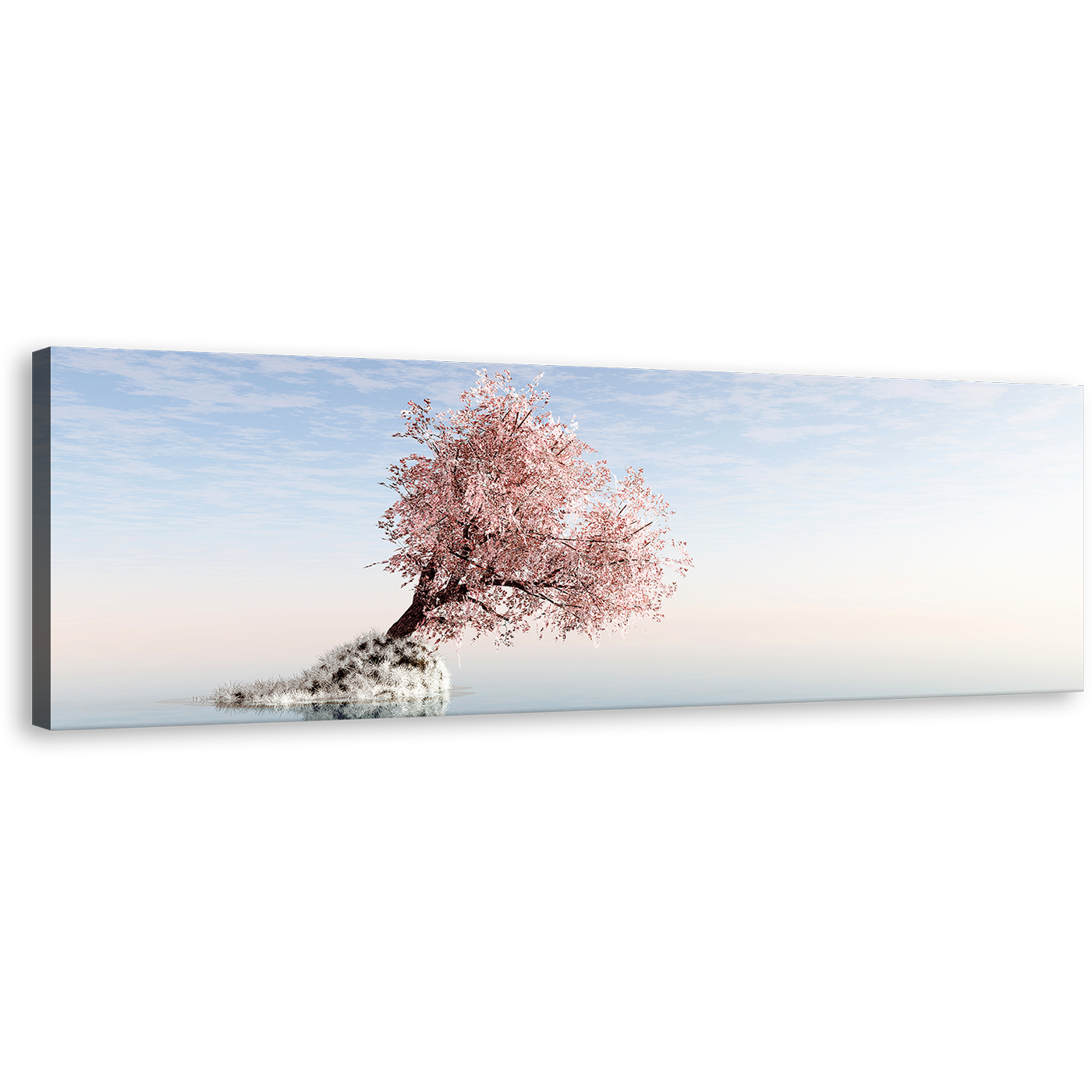 Alone Tree Canvas Wall Art, White Ocean Blue Sky Panoramic Canvas Print, Pink Tree Reflection in Lake 1 Piece Canvas