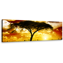 Load image into Gallery viewer, Alone Tree Wall Art, Beautiful African Brown Sky Panoramic Canvas Print, Majestic Tree Alone in Vast Yellow Sunset Canvas Art
