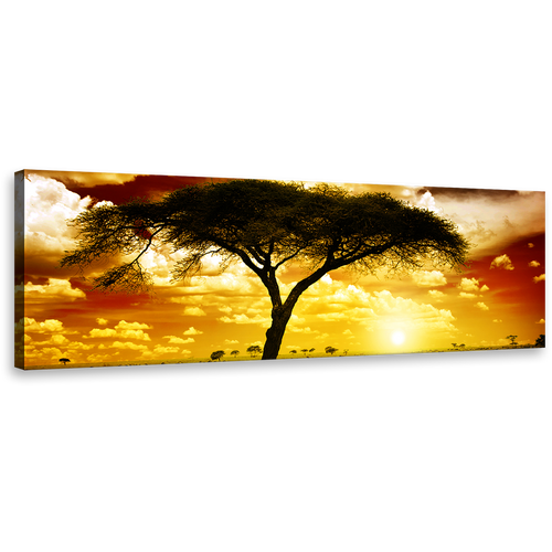 Alone Tree Wall Art, Beautiful African Brown Sky Panoramic Canvas Print, Majestic Tree Alone in Vast Yellow Sunset Canvas Art