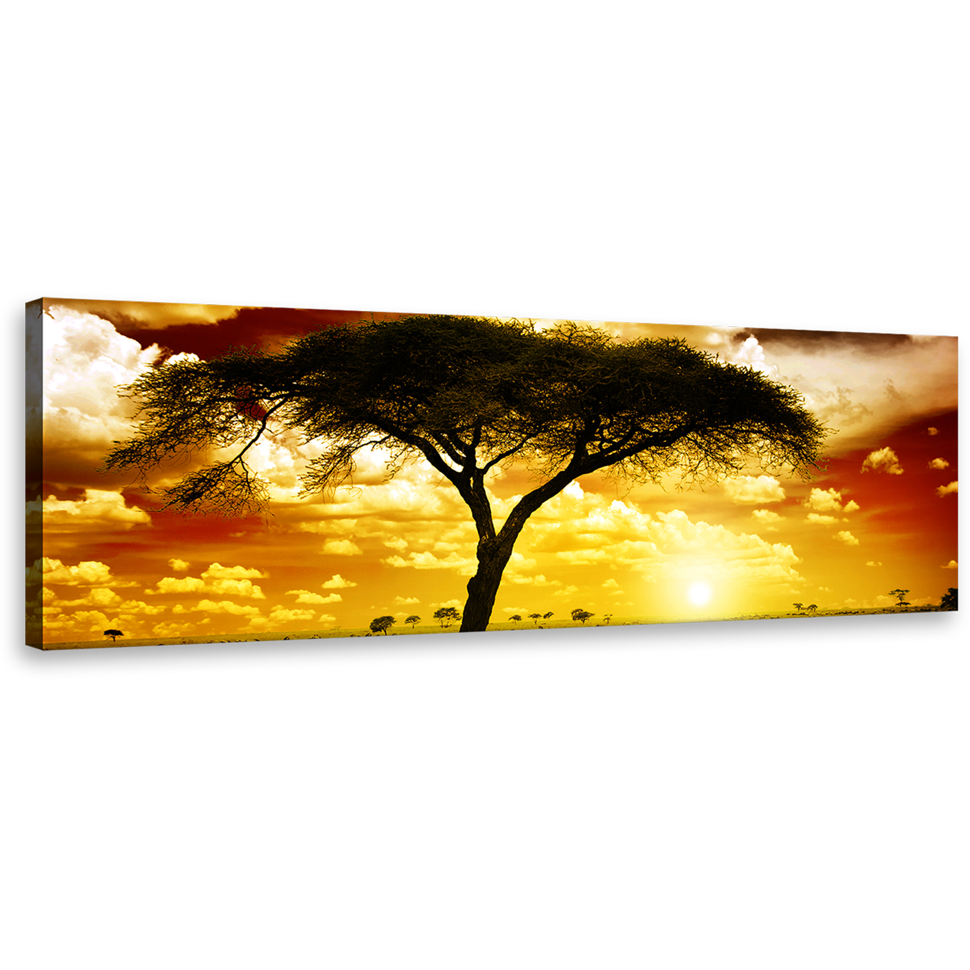 Alone Tree Wall Art, Beautiful African Brown Sky Panoramic Canvas Print, Majestic Tree Alone in Vast Yellow Sunset Canvas Art