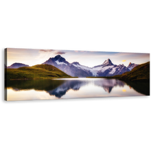 Load image into Gallery viewer, Alpine Mountains Wall Art, White Sky Grindelwald Valley Canvas Artwork, Purple Schreckhorn Scene Panorama Canvas Print
