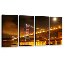 Load image into Gallery viewer, Amazing Bridge Wall Art, Hong Kong Yellow City Bridge Lights Multi Canvas, Purple Green Tsing Ma At Night 4 Piece Canvas Print
