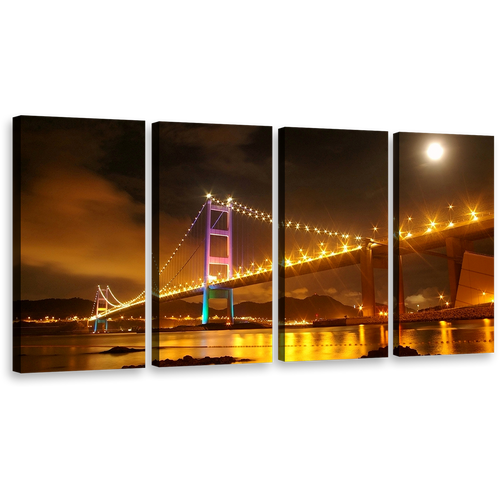 Amazing Bridge Wall Art, Hong Kong Yellow City Bridge Lights Multi Canvas, Purple Green Tsing Ma At Night 4 Piece Canvas Print