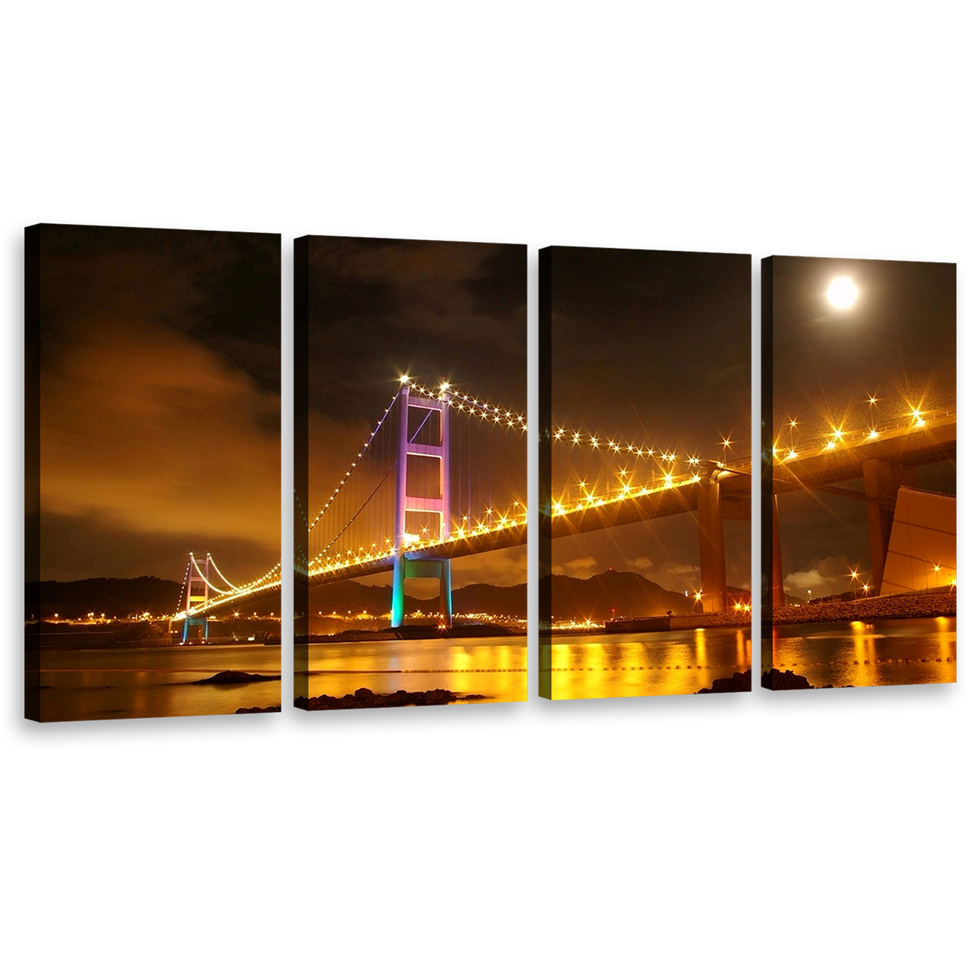 Amazing Bridge Wall Art, Hong Kong Yellow City Bridge Lights Multi Canvas, Purple Green Tsing Ma At Night 4 Piece Canvas Print