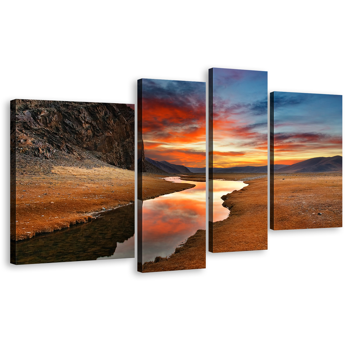 Amazing Desert Canvas Print, Dramatic Orange Sunset and Brown Gobi Desert 4 Piece Canvas Multi-panel Art