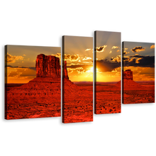 Load image into Gallery viewer, Amazing Desert Canvas Print, Iconic Red Sunset Monument Valley 4 Piece Canvas Set, Contemporary Arizona Orange Sunset Wall Art
