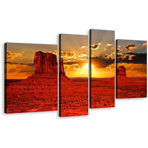 Amazing Desert Canvas Print, Iconic Red Sunset Monument Valley 4 Piece Canvas Set, Contemporary Arizona Orange Sunset Wall Art