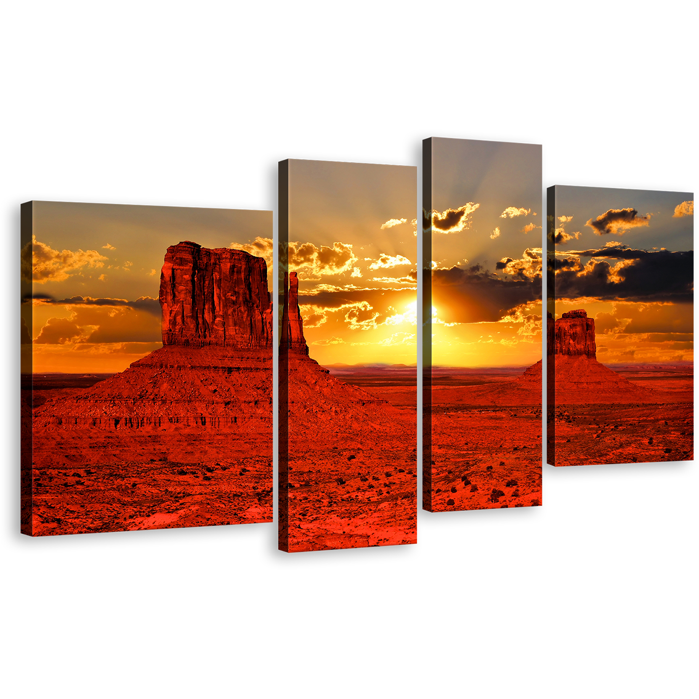 Amazing Desert Canvas Print, Iconic Red Sunset Monument Valley 4 Piece Canvas Set, Contemporary Arizona Orange Sunset Wall Art