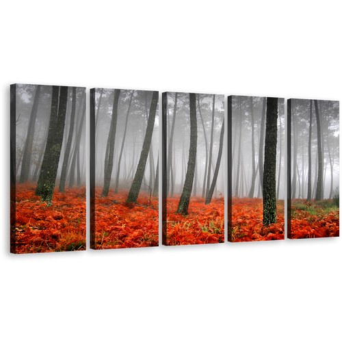 Amazing Forest Canvas Print, Beautiful Red Grass Gray Rain Scenery Wall Art, Charcoal Sunlight Forest 5 Piece Multi Canvas