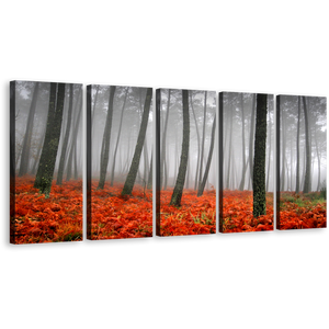 Amazing Forest Canvas Print, Beautiful Red Grass Gray Rain Scenery Wall Art, Charcoal Sunlight Forest 5 Piece Multi Canvas