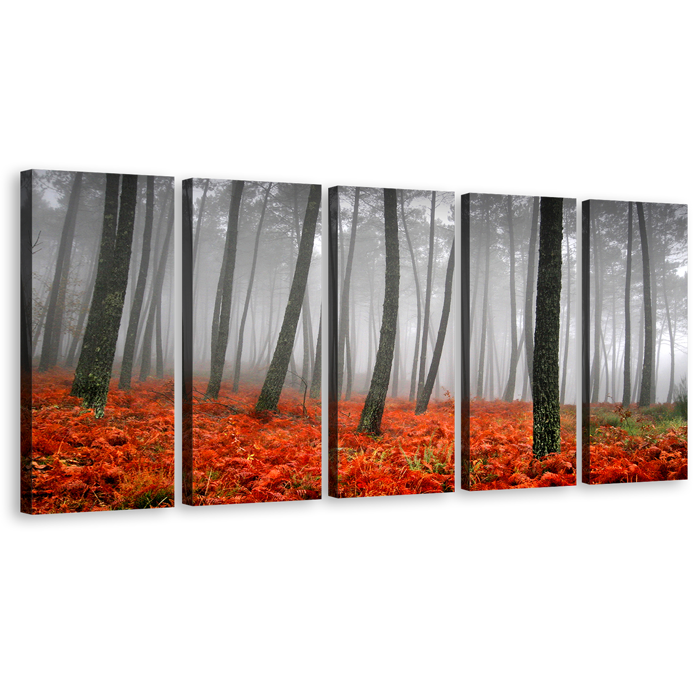 Amazing Forest Canvas Print, Beautiful Red Grass Gray Rain Scenery Wall Art, Charcoal Sunlight Forest 5 Piece Multi Canvas